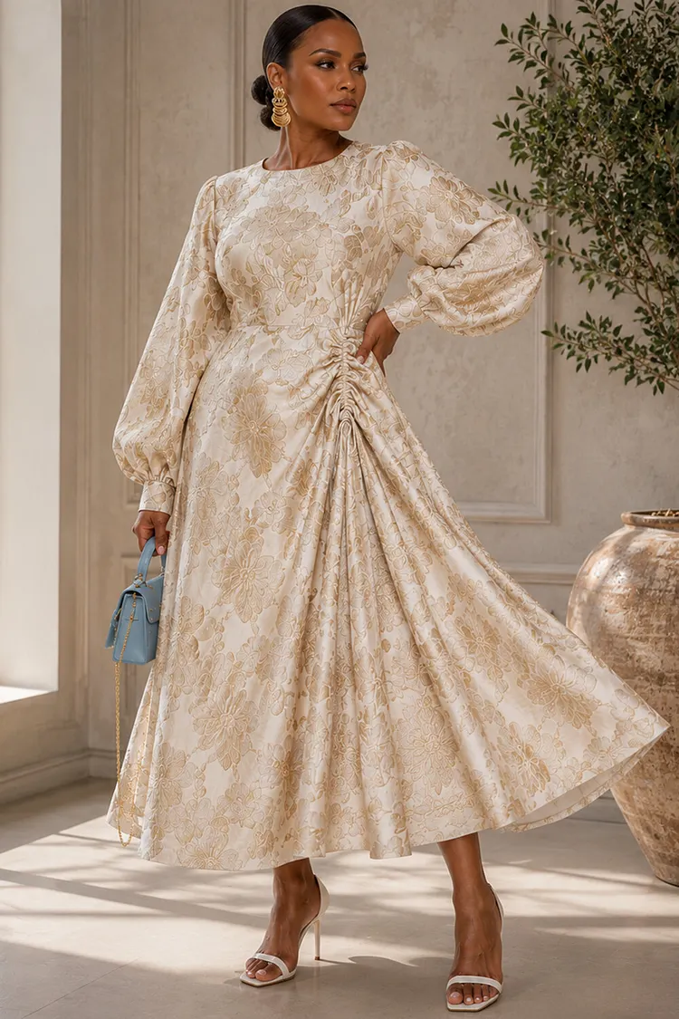 Xpluswear Design Plus Size Wedding Guest Champagne Round Neck Lantern Sleeve Long Sleeve Pocket Ruched Jacquard Midi Dresses [Pre-Order] 2024 - Xpluswear