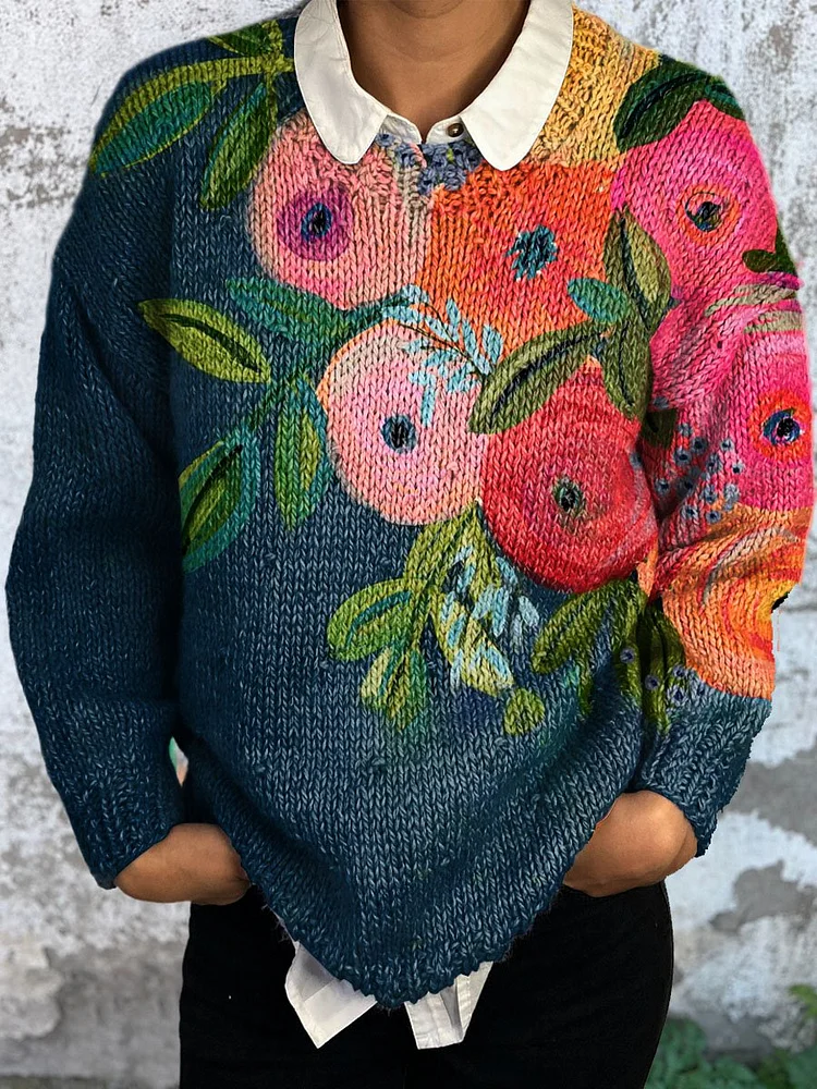 Retro Flower Art Print Knit Pullover Sweater