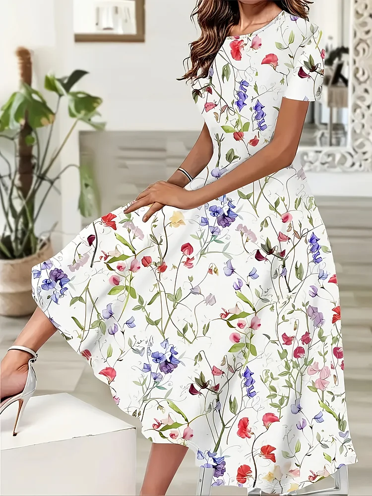 Elegant Floral Print Women's Dress | Sleeveless, A-Line, White With Colorful Flowers, Perfect For All Seasons, Casual To Formal Wear