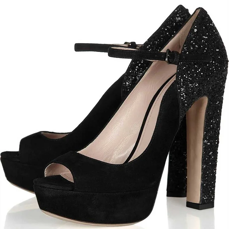 Black Peep Toe Heels Vegan Suede and Glitter Platform Pumps for Women |FSJ Shoes