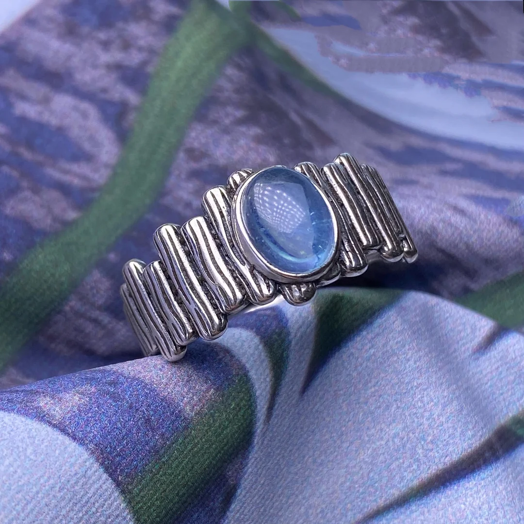 Aquamarine S925 Silver Adjustable Retro Ring