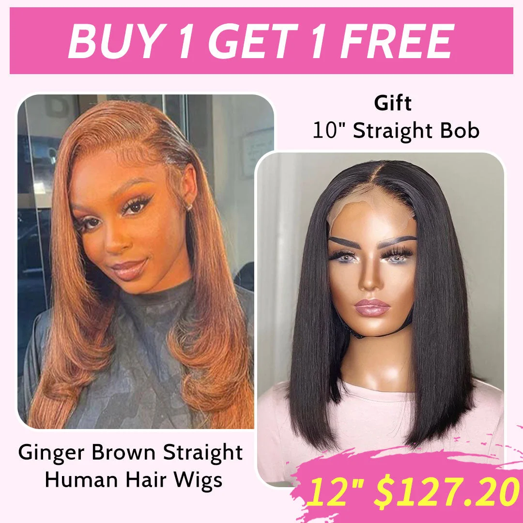 Junoda Ginger Brown Color Bone Straight Human Hair Wigs Autumn Lace Front Closure Wig