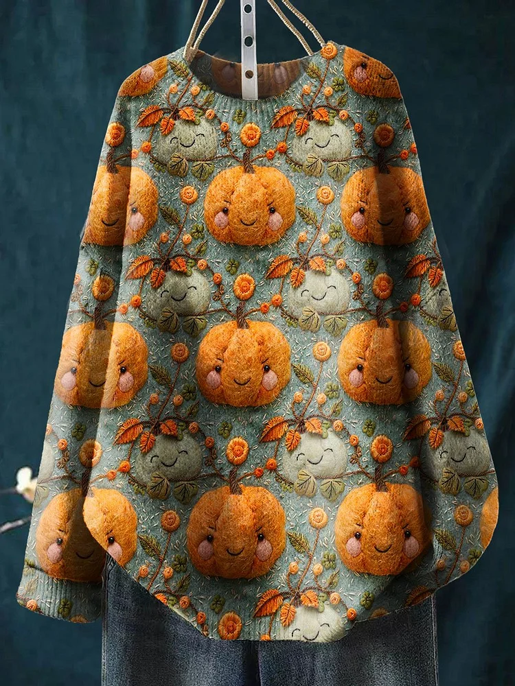 Vintage Pumpkin Seamless Pattern Print Knit Pullover Sweater