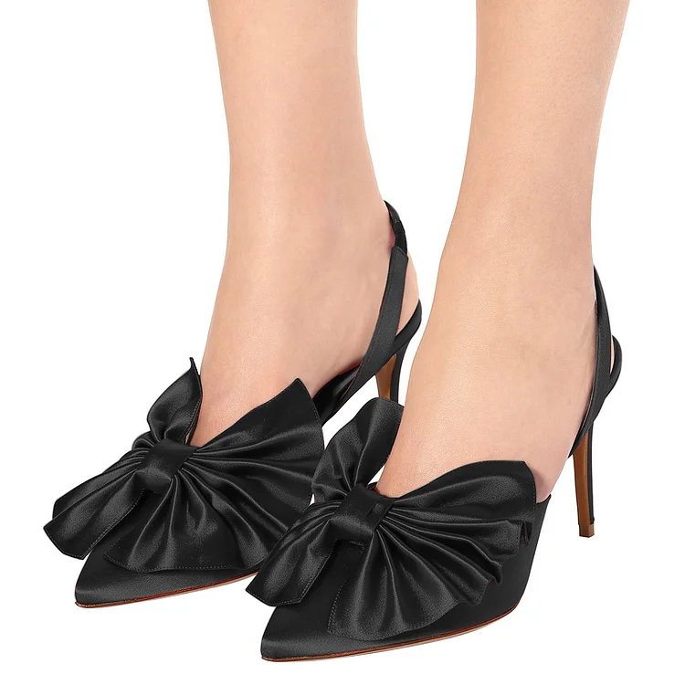 Black Satin Bow Heels Almond Toe Stiletto Heel Slingback Pumps |FSJ Shoes