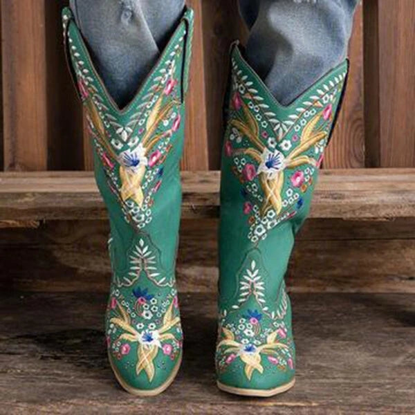Womens' green mid calf cowboy boots flower embroidered chunky block heel boots