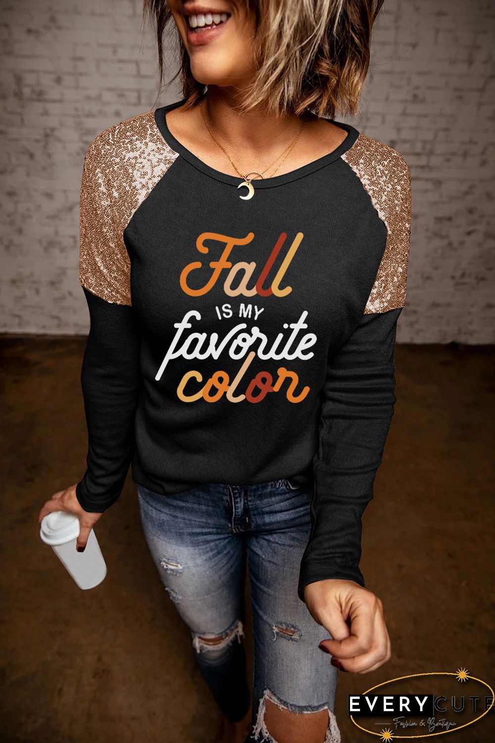 Black Fall is my favorite color Graphic Sequin Patch Top