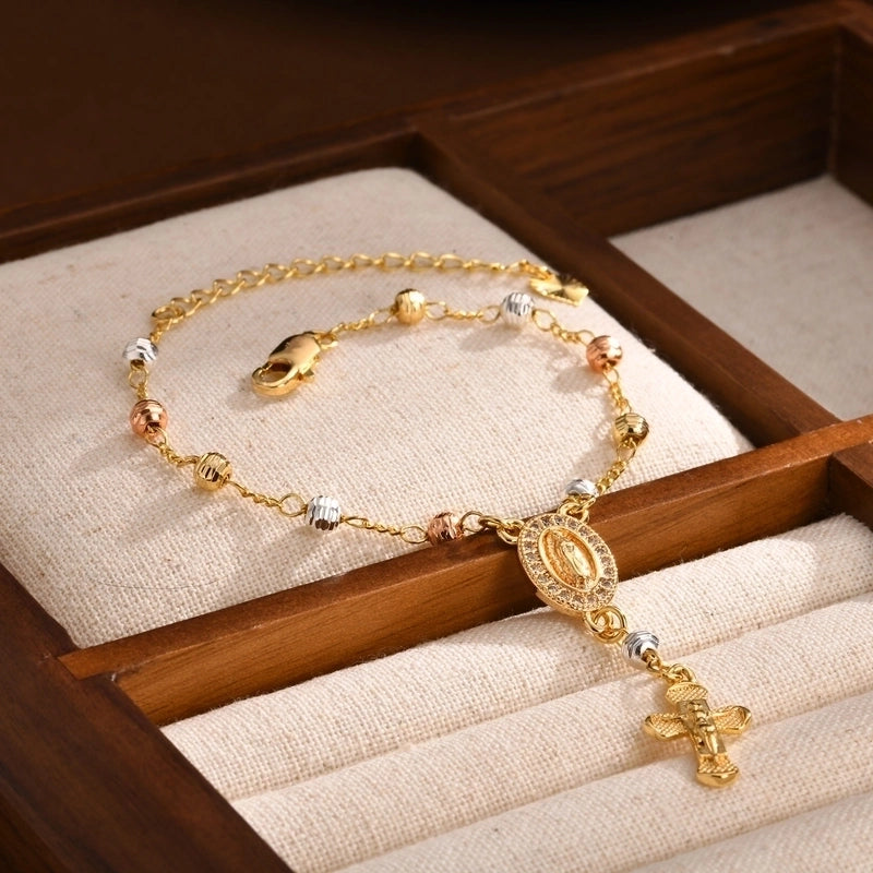 Vintage Style Religion Cross Virgin Mary Copper Zircon 18K Gold Plated Inlay Bracelets