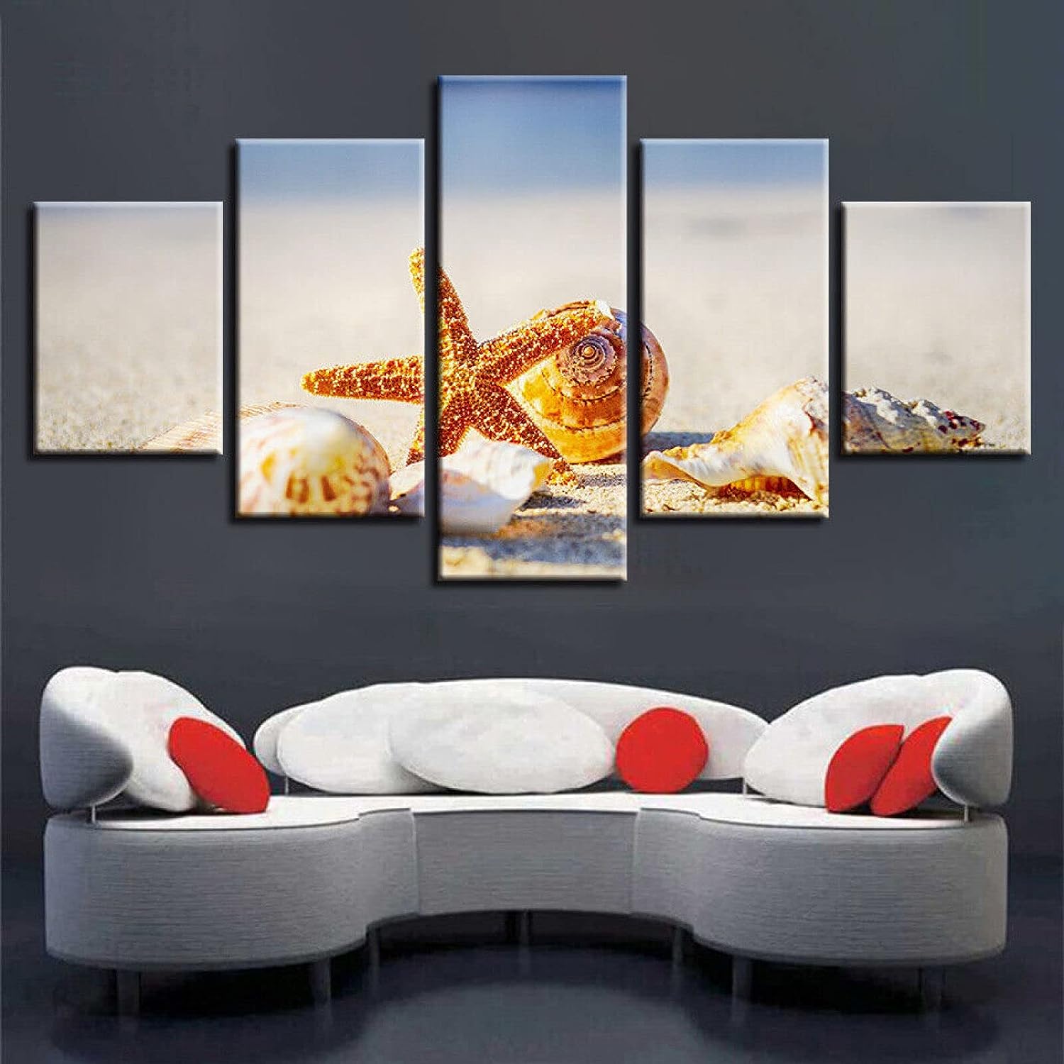 GUOGUAN Print Poster Frames Artwork Home Wall Decor Large 5 Panel Canvas Prints Artwork for Living Room Home Decor Wall 5 Piece Art Sea Seashells Sand Beach Starfish 5 Pieces Canvas Framed