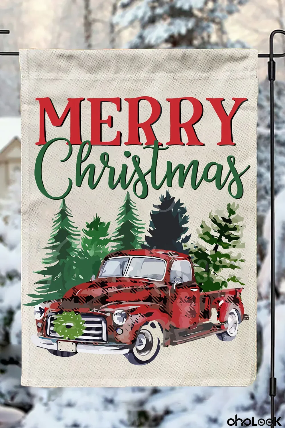 Beige Merry Christmas Trees Truck Graphic Print Garden Flag