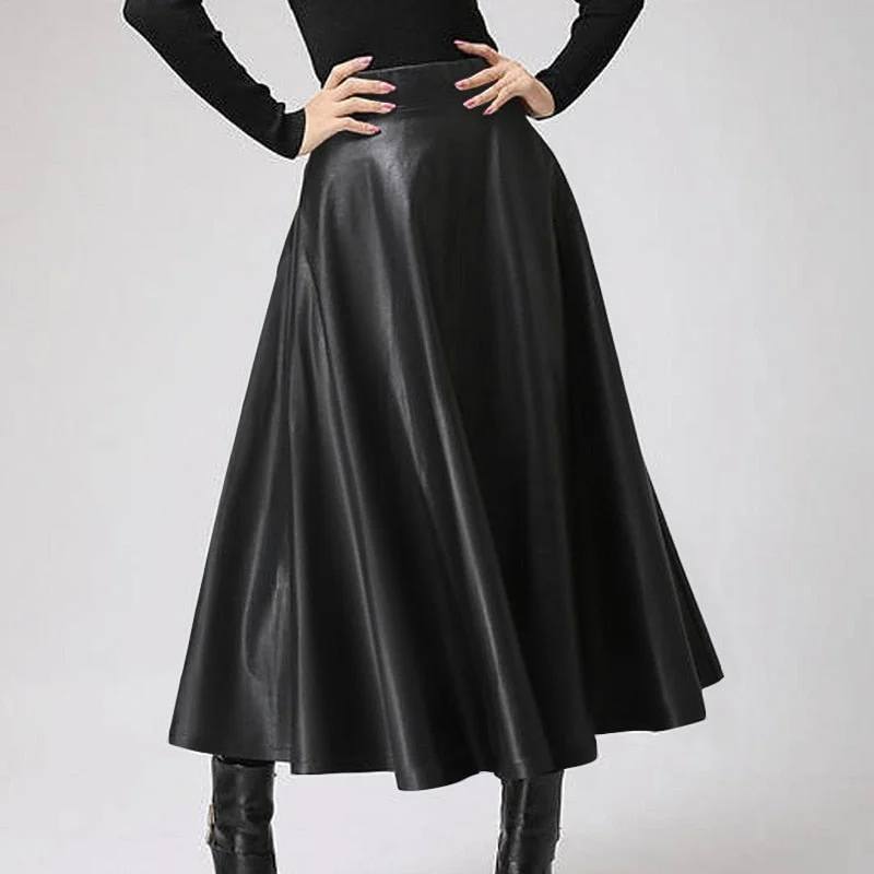 Celmia Autumn PU Leather Skirts Women Fashion 2021 OL Office Solid Midi Skirts Elegant Party High Waist Skirt Pleated Bottoms