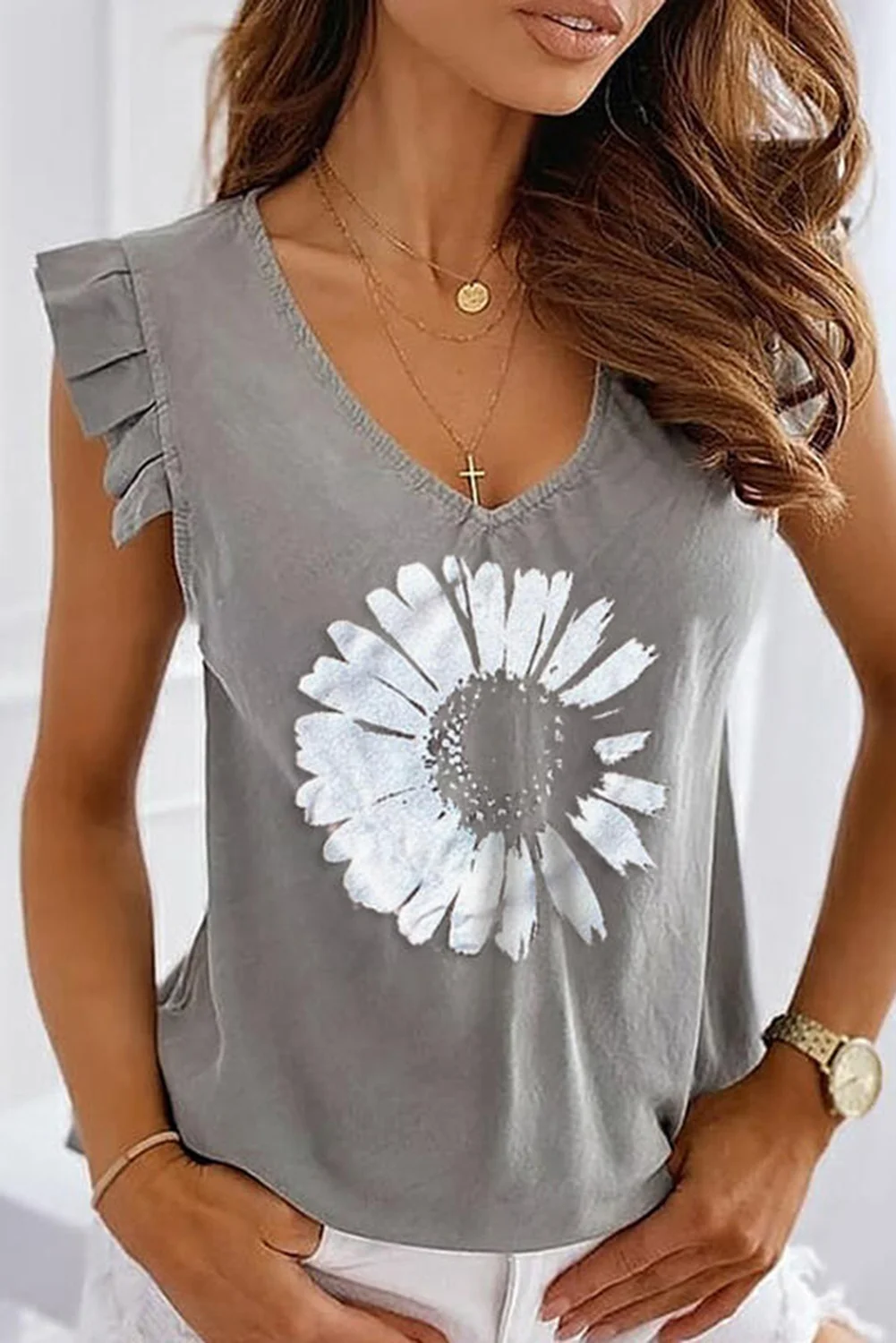 Gray V-Neck Daisy Print Casual Tank Top | IFYHOME