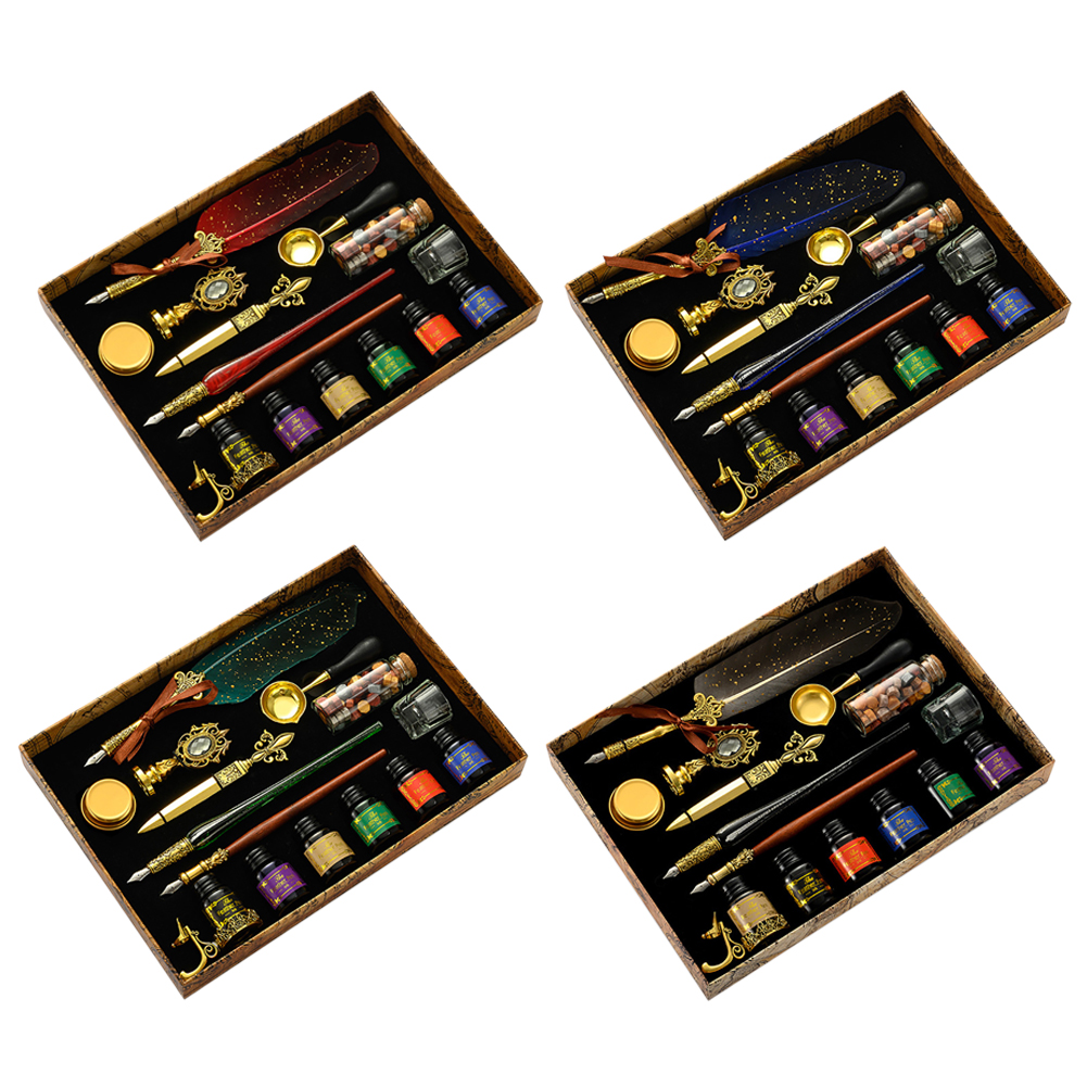 Exquisite Feather Dip Pen Kit Stationery Calligraphy Pen Wax Kit for Home Office