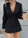 Deep V-Neck Solid Color Buttoned Belted Slim Mini Dress