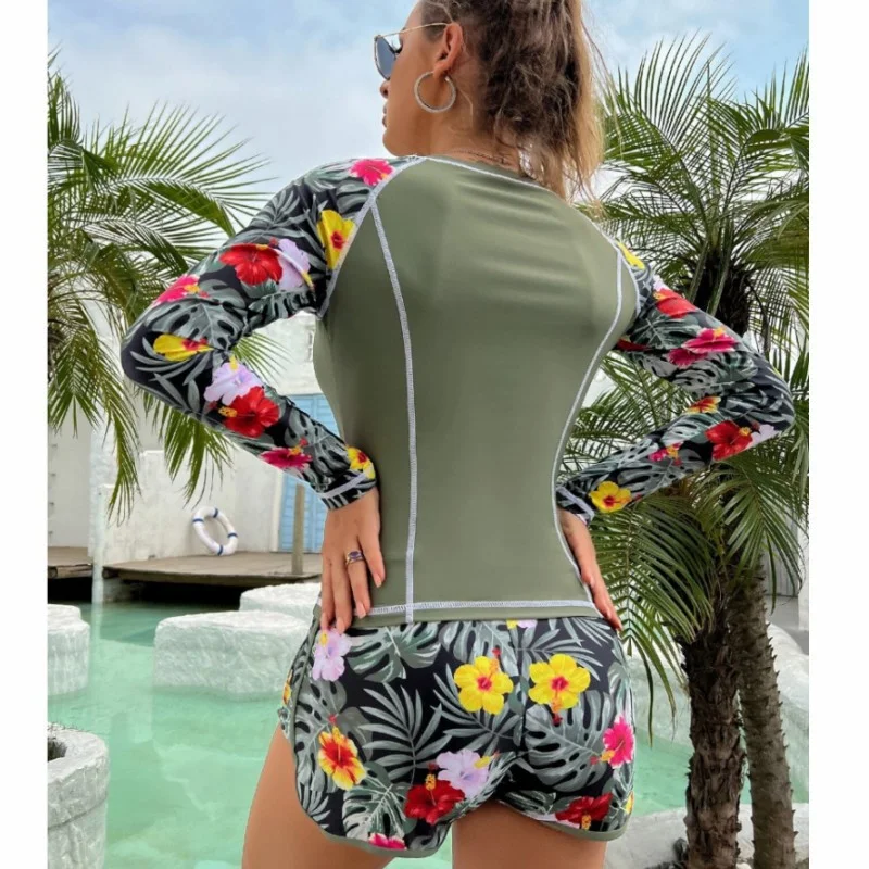 Wongn Wongn New Surf Suit Long Sleeve Anti-Diving Suit Print Flat Horn Split Body Conservative Swimsuit Woman
