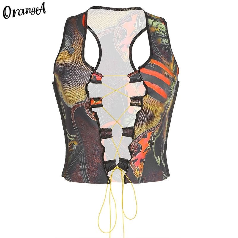 OrangeA summer women y2k sexy hollow out tank tops drawstring bandage fashion sleeveless colorful print party skinny clubwear