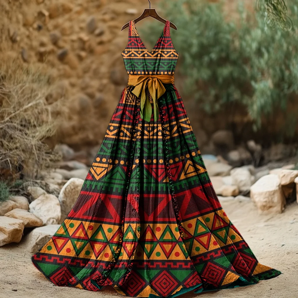 Women's Vintage Juneteenth Black Pride African Geometric Art Print Long Dress