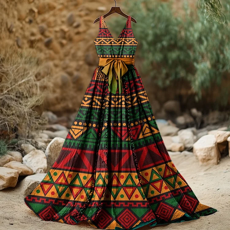 VChics Women's Vintage Juneteenth Black Pride African Geometric Art Print Long Dress