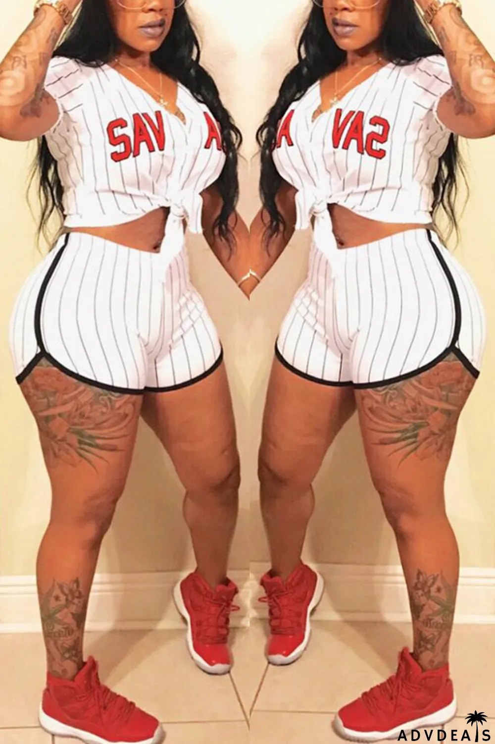 Yellow Fashion Sexy Casual Street Sportswear Letter Striped Print Split Joint Buttons Cardigan Short Sleeve Two Pieces