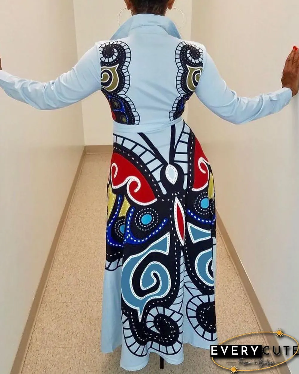 Abstract Print Long Sleeve Shirt Dress P10023