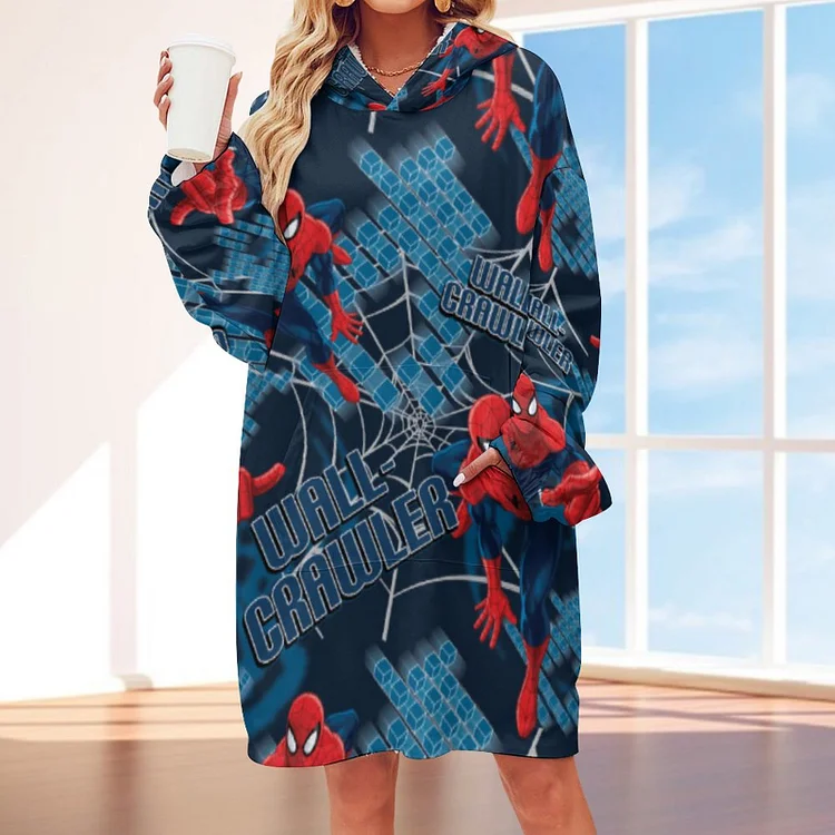 Navy Blue Spider Man Wall Crawler Oversized Sweatshirt Sherpa Blanket Casual Pullovers Wearable Blanket For Adults - Heather Prints Shirts