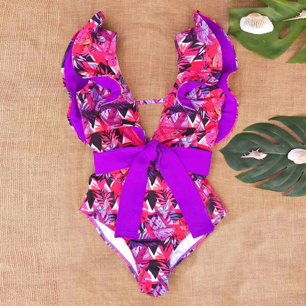 2020 New Sexy Ruffle Print Floral One Piece Strappy Slimming Swimwear Women  Swimsuit Deep-V Bathing Suit Beach Wear Monkini