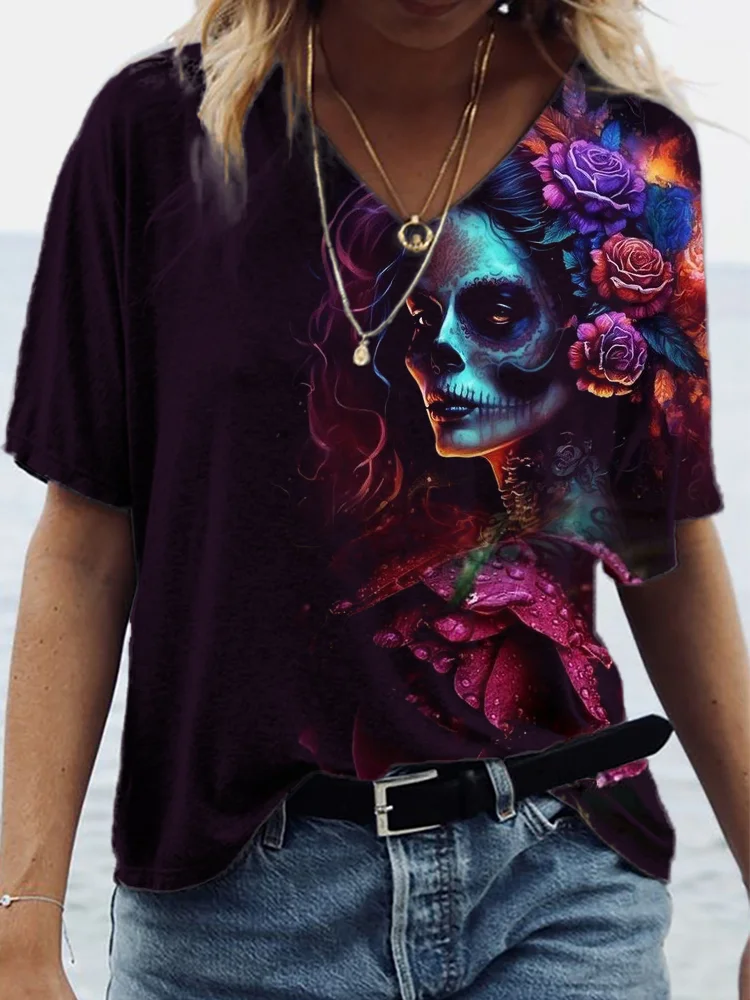 Day of the Dead Floral Art V Neck T Shirt