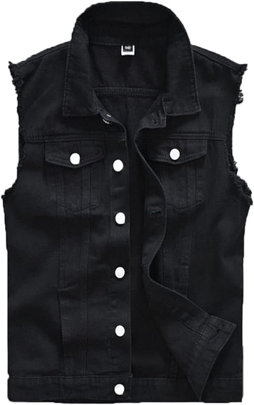 mens Washed Denim Vest Ripped Motorcycle Raw Sleeveless Jean Jacket