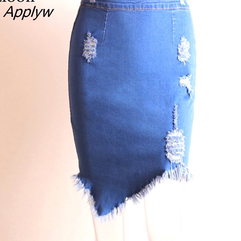 Applyw Hole Denim Midi Skirt With Tassel New 2023 Streetwear High Waist Wash Distressed For Women Bodycon Ripped Jean Skirts