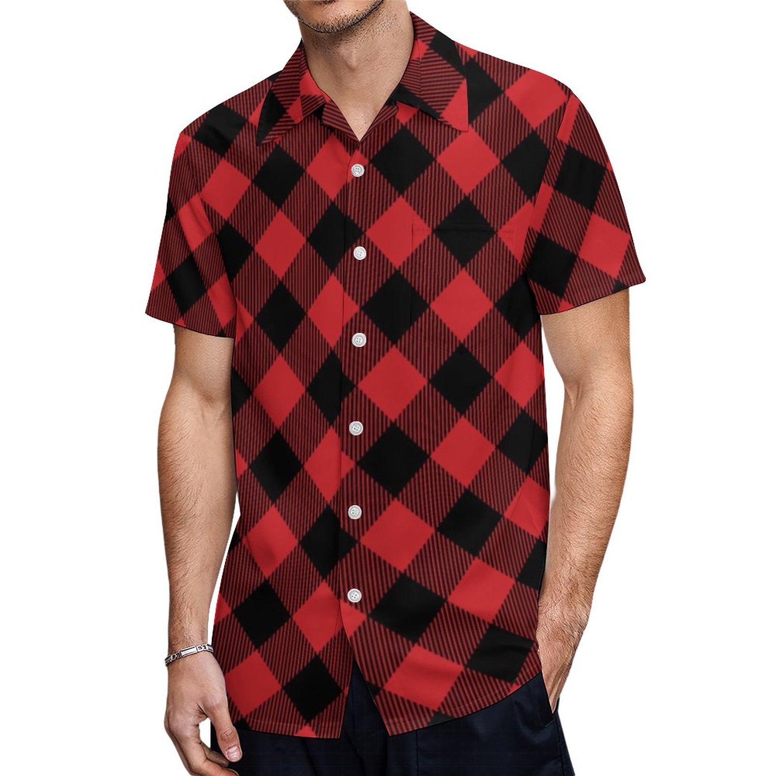Buffalo Plaid Black And Red Checkered Pattern Hawaiian Shirt Mens Button Down Tropical Hawaii Beach Shirts