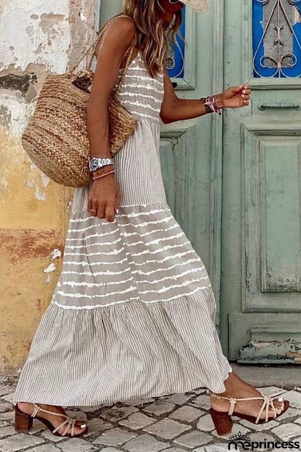 Stripe Patchwork Halter Neck Maxi Dress