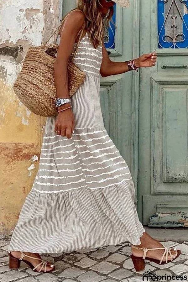 Stripe Patchwork Halter Neck Maxi Dress