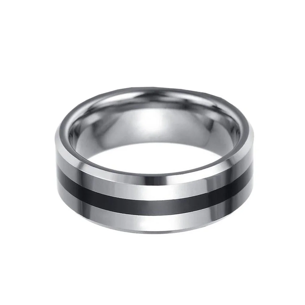 8MM Silver Men Tungsten Carbide Rings Center Black Beveled Edge High Polished