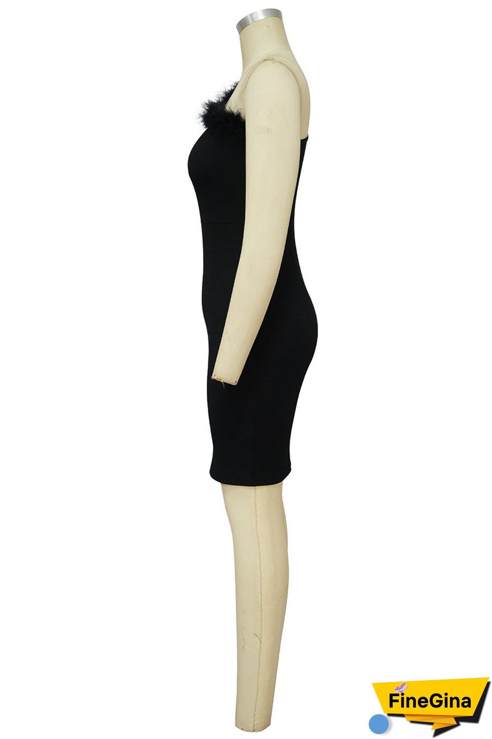 Black Sexy Solid Patchwork Feathers Oblique Collar One Step Skirt Dresses