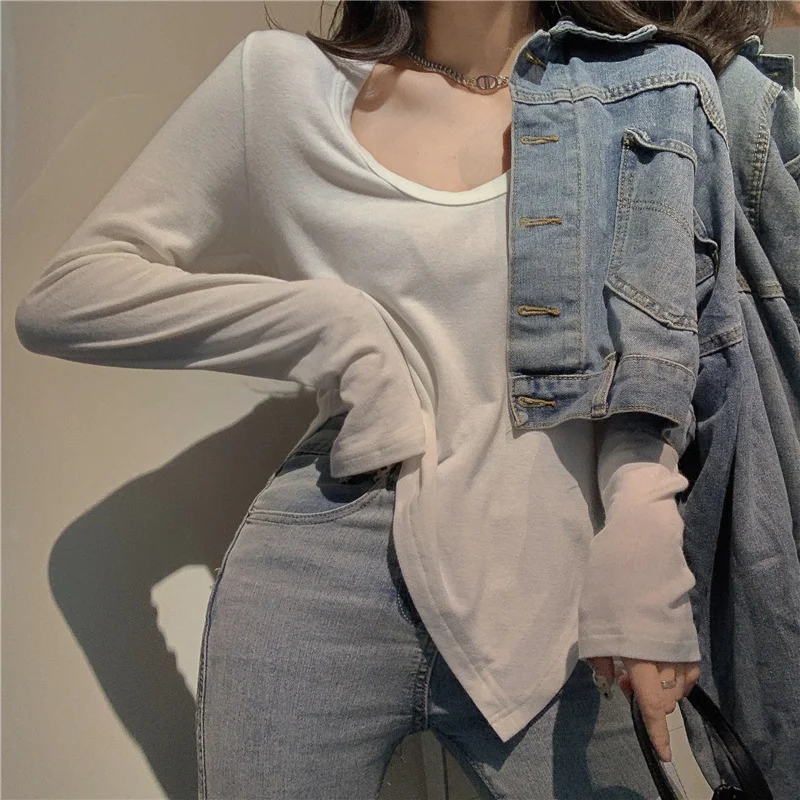 Uveng Uveng Female Slim Sexy Low Collar White Foreign Style Long Sleeves With Bottom Shirt 2024 Autumn New Slim Jacket