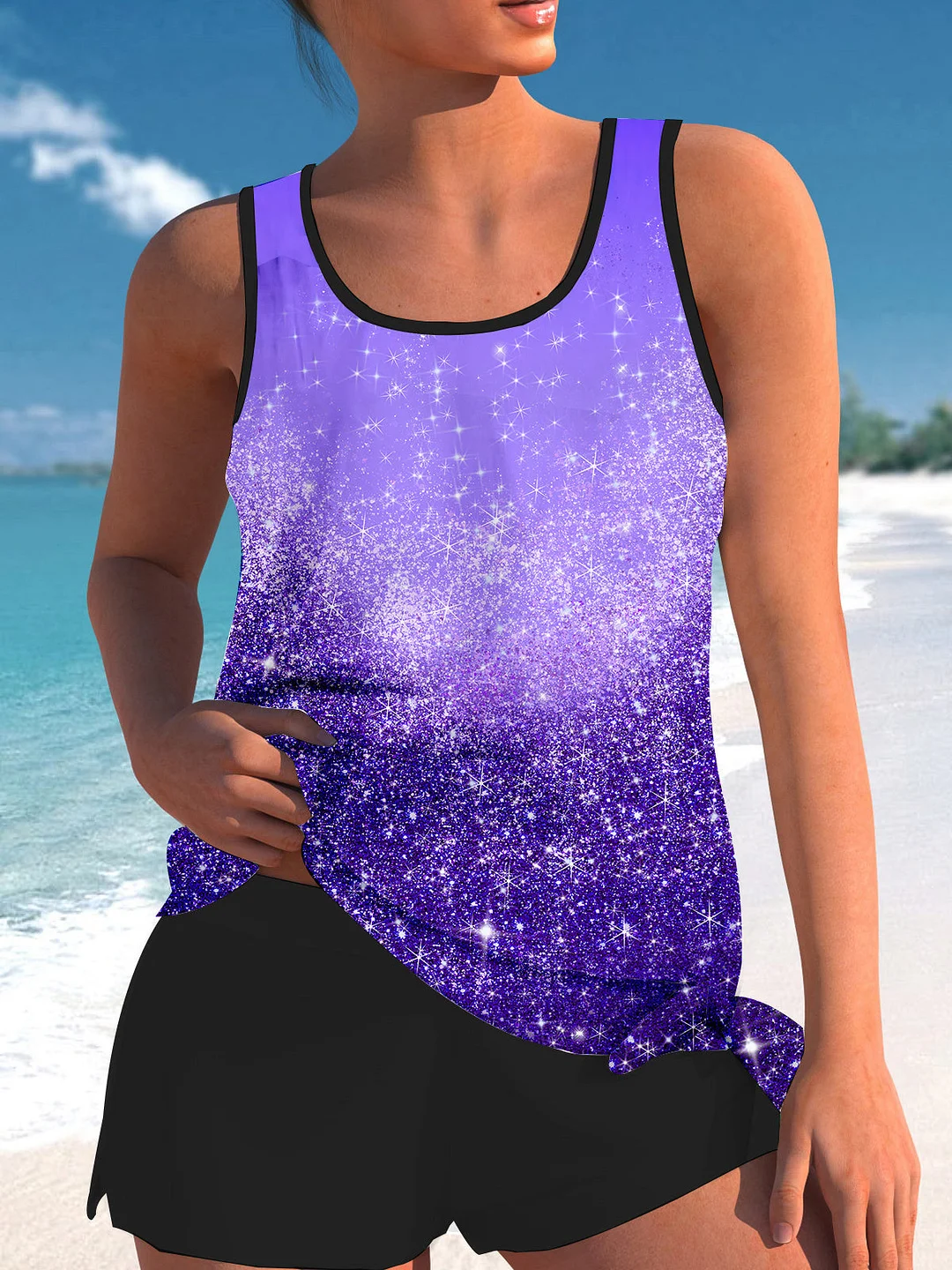 Bowknot Purple Gradient Printed Mid Waisted Tankini Set - Plus Size Available