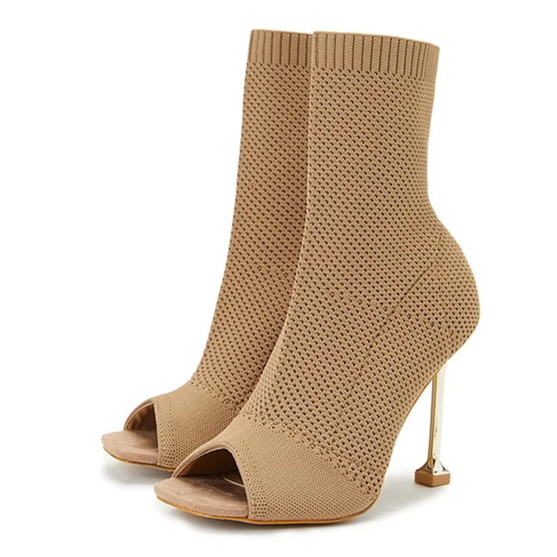 Fashion Peep Toe Black Fabric Knitting Ankle Socks Boots Small Hole Hollow Out Women Metal High Heels Party Dance Shoes Size 42