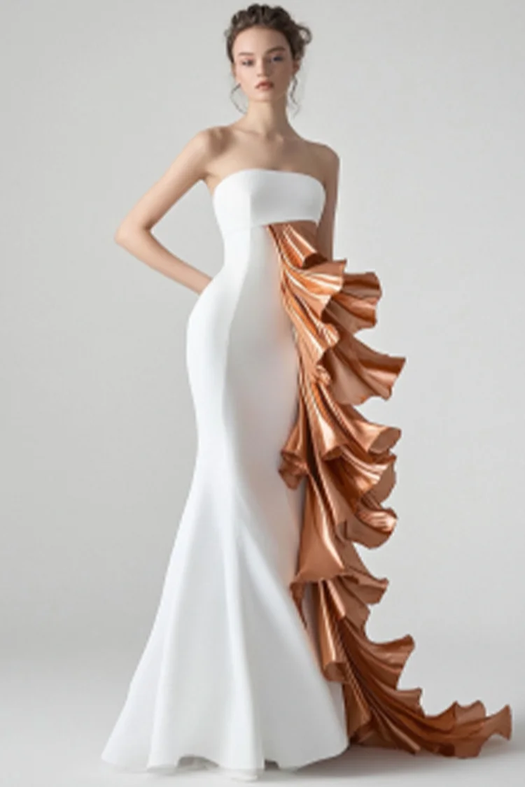 Strapless Contrast Tiered Maxi Dress-White [Custom-Made]