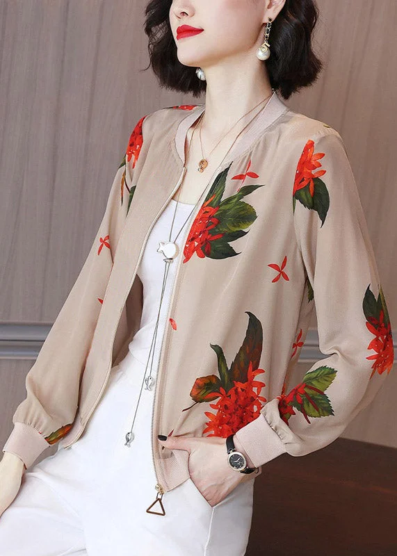 Women O-Neck Print Zippered Chiffon Sunscreen Coats Summer