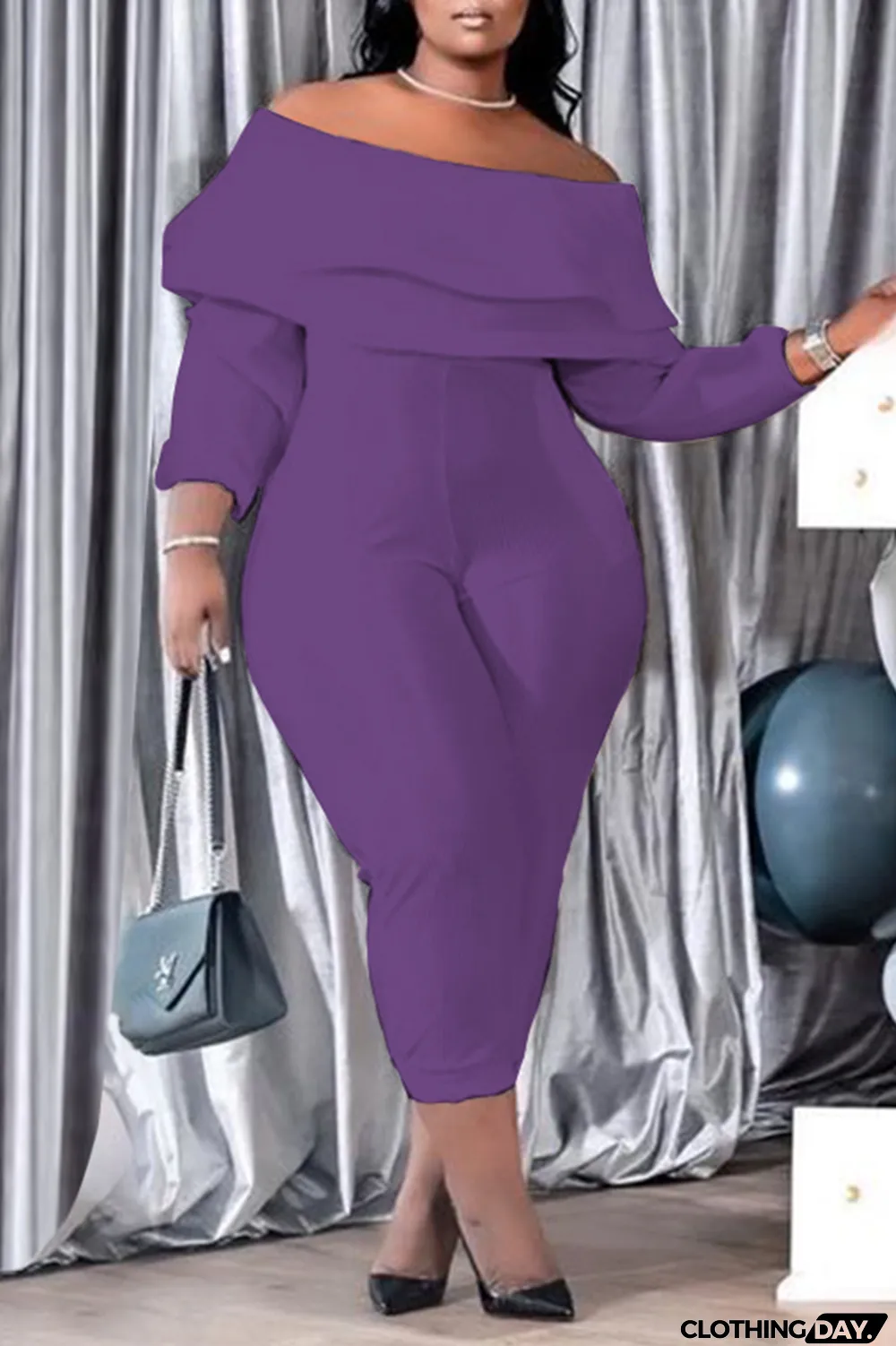 Purple Casual Solid Patchwork Off the Shoulder Plus Size Jumpsuits