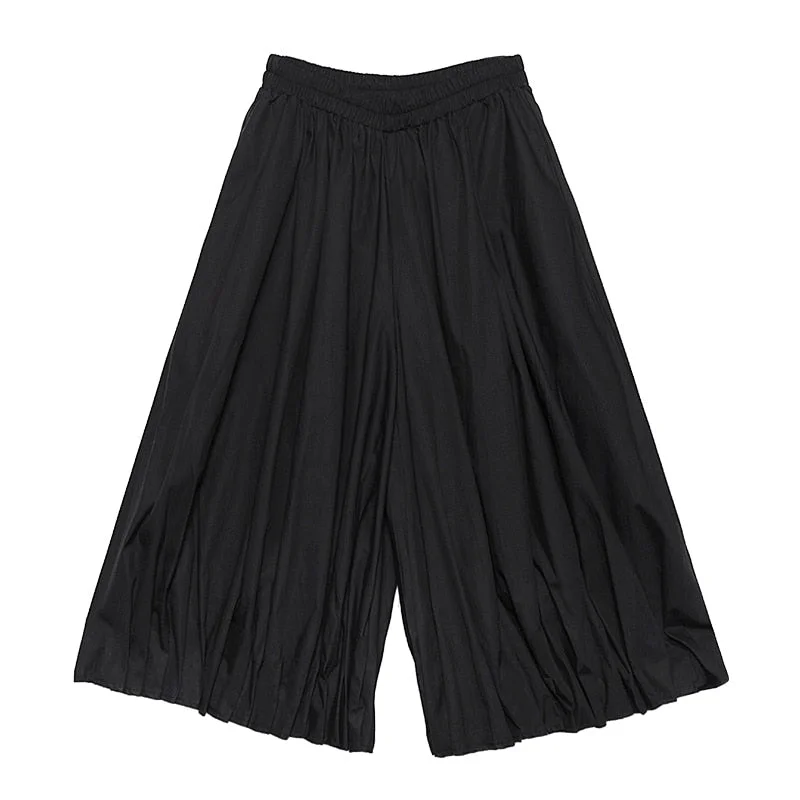 [EAM] High Elastic Waist Black Pleated Split Wide Leg Trousers New Loose Fit Pants Women Fashion Tide Spring Autumn 2021 1R456