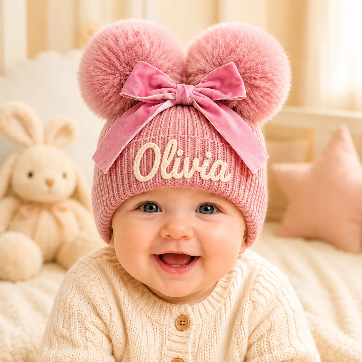 Personalized Baby Beanie with Hand‑Embroidered Name, Double‑Pom‑Pom Knit Hat With Velvet Bow, Custom Winter Hat for Toddler