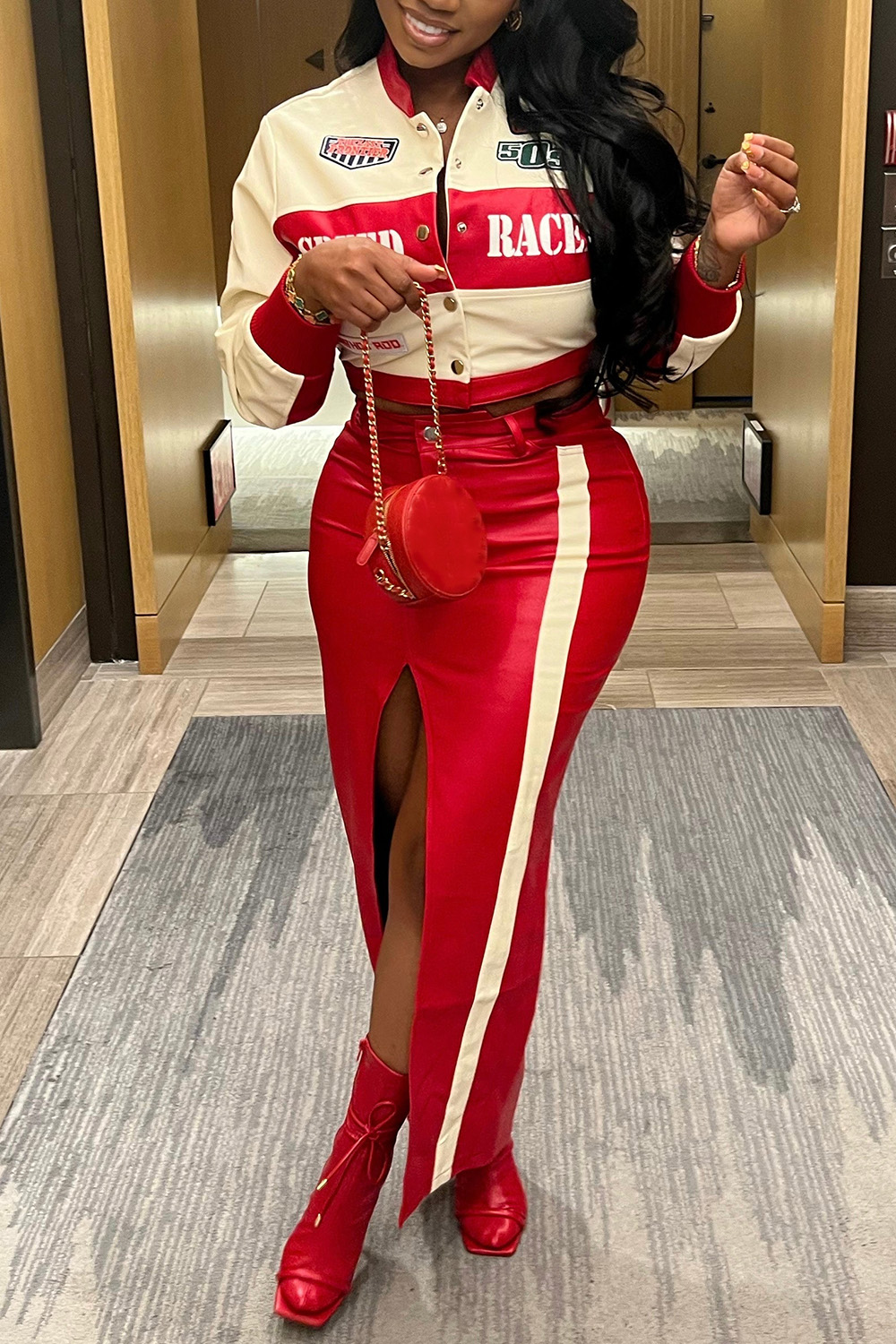 Plus Size Party Skirt Sets Casual Red Fall Winter Long Sleeve Split PU Leather Print Two Piece Skirt Sets