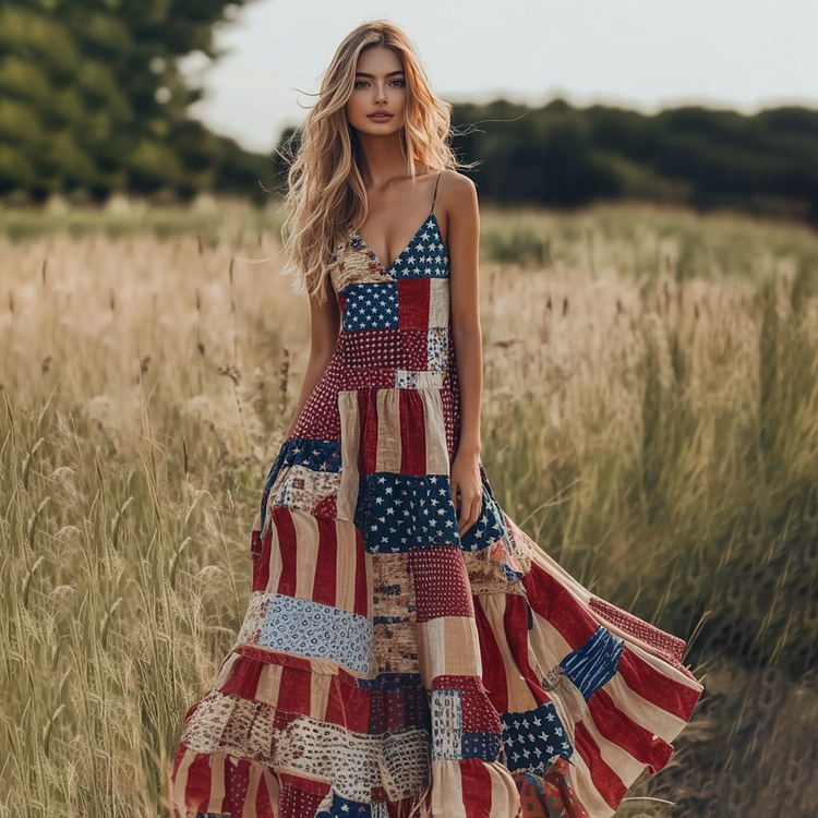 VChics Women's Vintage Independence Day Flag Art Slip Dress