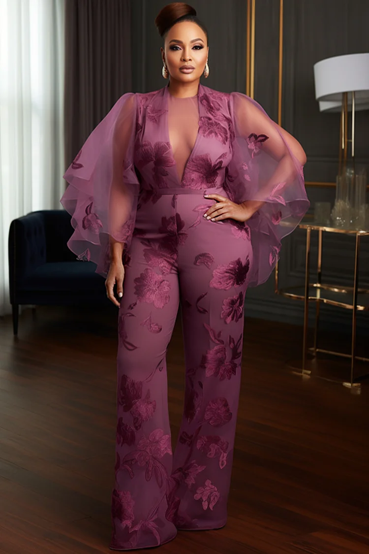 Xpluswear Design Plus Size Formal Tulle Purple Floral Round Neck 3/4 Sleeve See Through Pocket Satin Jumpsuits [Pre-Order] 2024 - Xpluswear