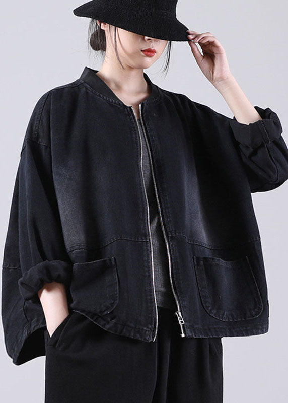 VCSHOES Loose Black Zippered Pockets Patchwork Fall Denim Long sleeve Coat