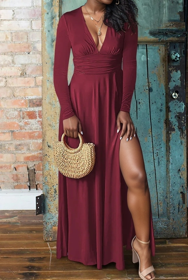 Flowy V-Neck Long-Sleeved Slit Dress