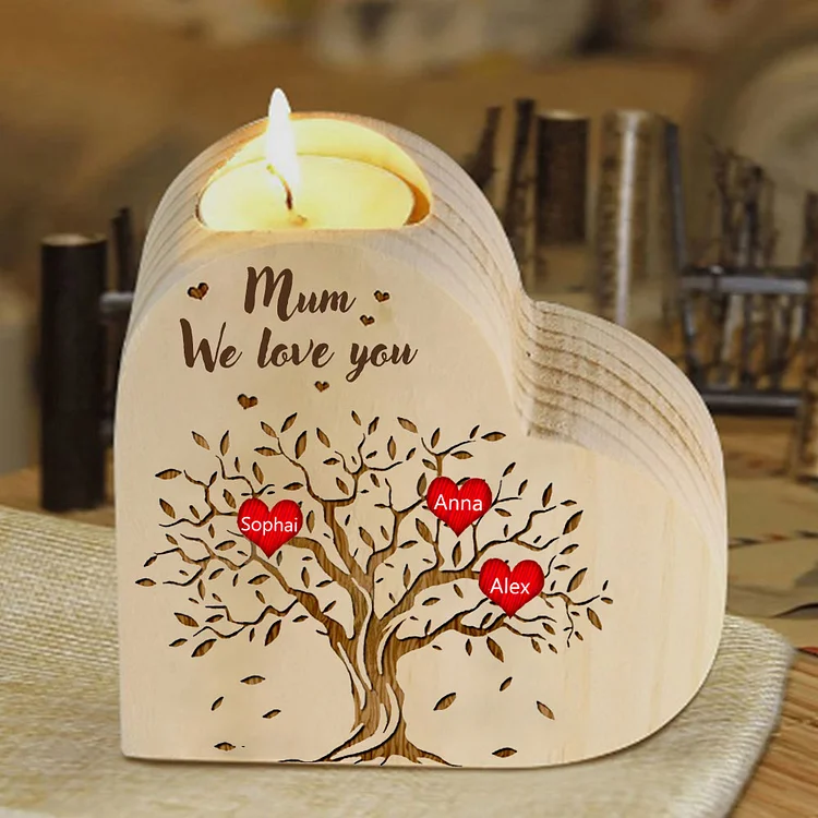 3 Names-Personalized Mum/Nan Family Tree Heart Wooden Candle Holder, Custom Name And Text Family Candlestick for Mother/Grandma