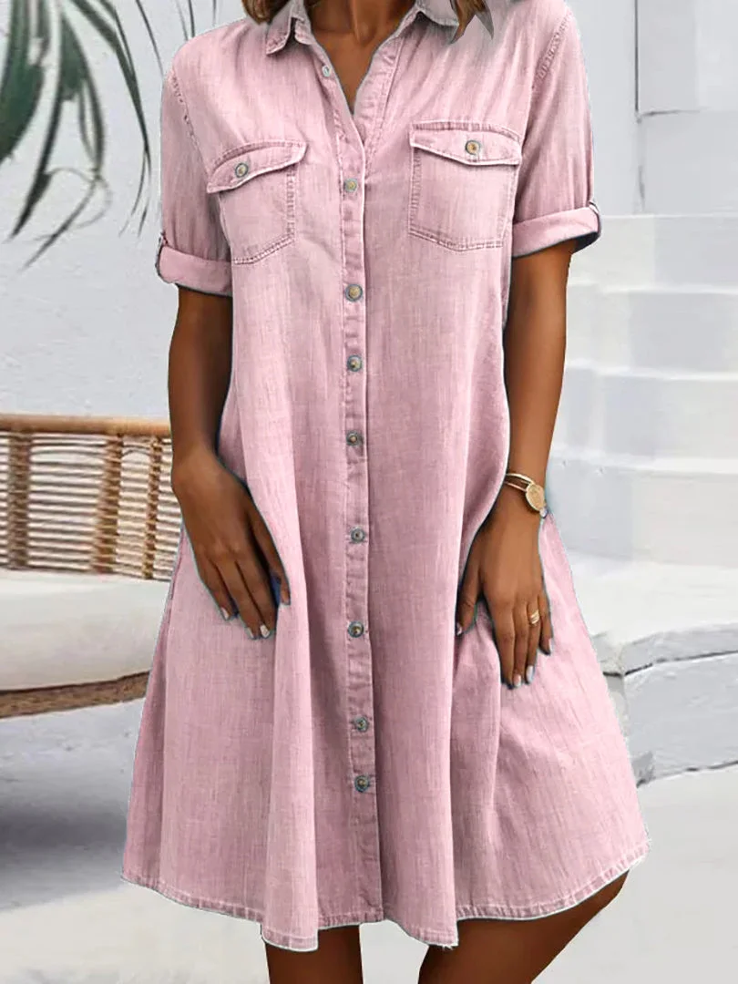 Women's Short Sleeve Shirt Collar Solid Color Buttons Midi Dress