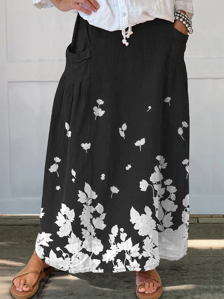 White Floral Silhouette On Black Background Pattern Printed Women's Linen Pocket Skirt