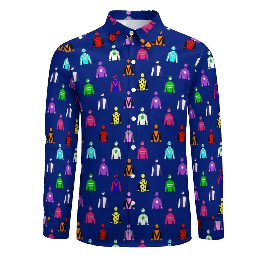 horse racing dress shirts Men's Calder Long Sleeve Horse Race Fil Coupe Shirt, Admiral Bright Navy, L